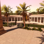 A spacious ancient courtyard with palm trees, a tall stone obelisk, manicured hedges, and colonnaded walkways, under a pinkish sky.