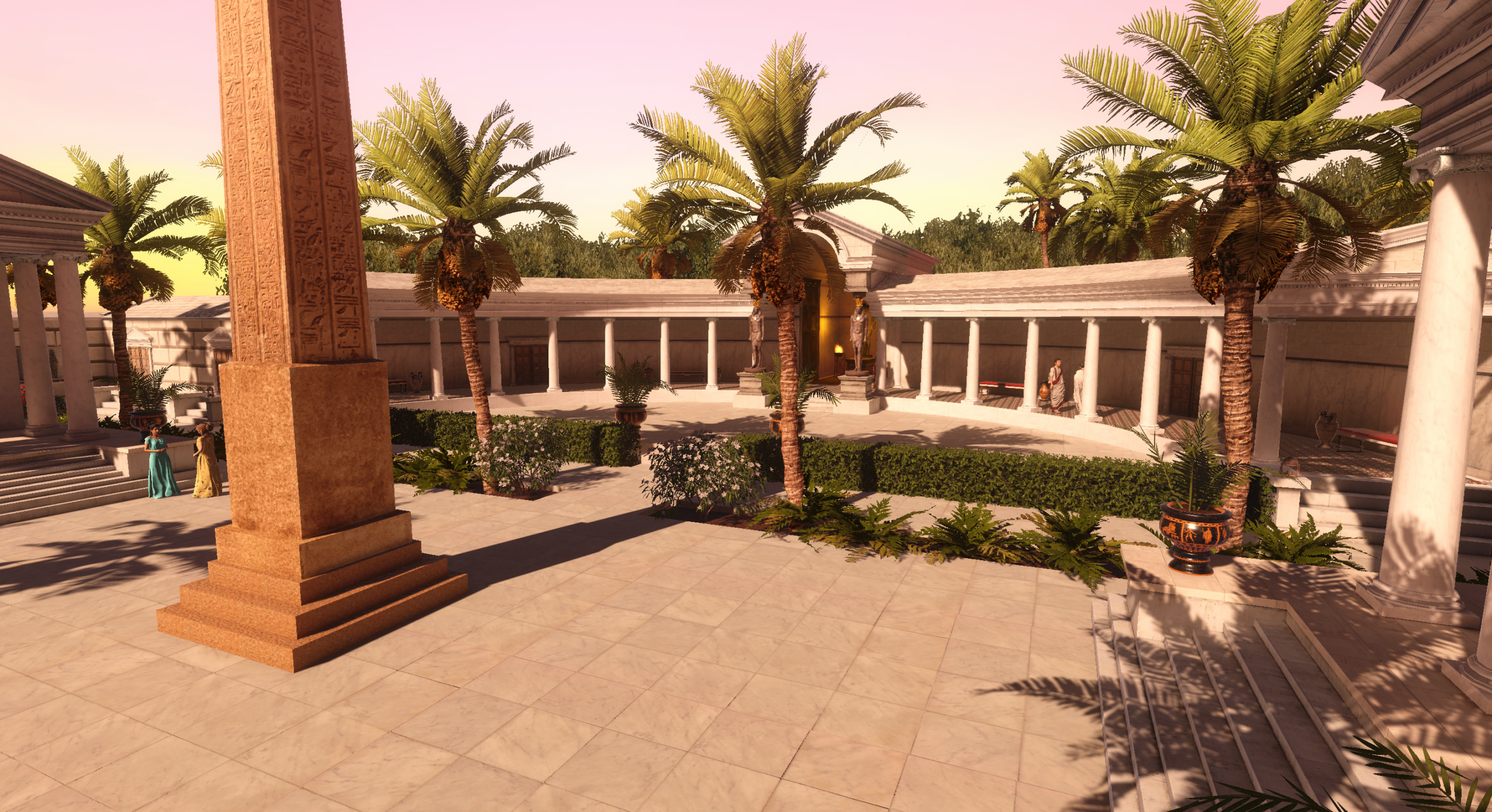 A spacious ancient courtyard with palm trees, a tall stone obelisk, manicured hedges, and colonnaded walkways, under a pinkish sky.
