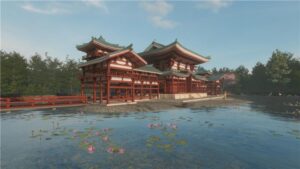 Traditional Japanese temple with red wooden structures and green-tiled roofs beside a pond with water lilies, surrounded by trees under a clear sky.